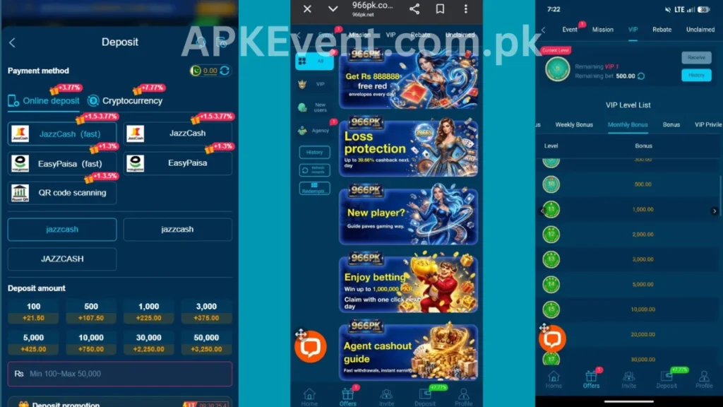 966PK Game promotion center , deposit section and level up bonuses of game