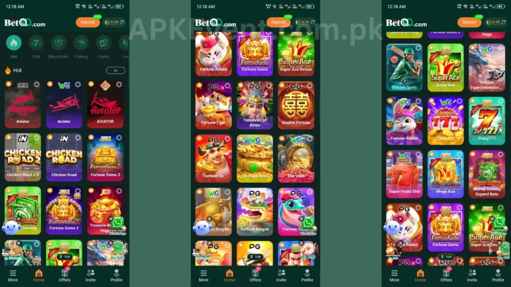 BetQQ Game APK internal interface and hot game section of application