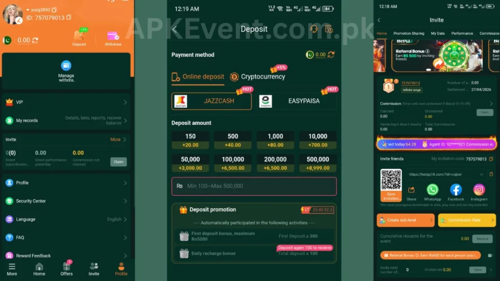 BetQQ Game APK profile section, deposit section and invitational center of game