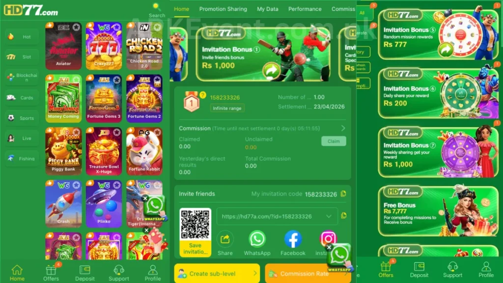 HD77 Game APK internal interface, promotion center and registration section of game