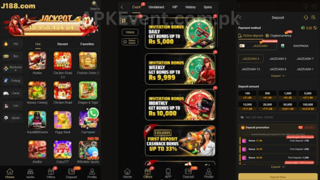 J188 Game APK internal interface, promotion center and deposit section of game