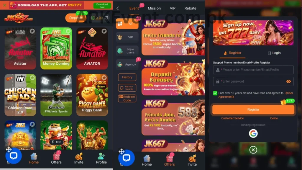 JK667 Game APK internal interface, registration section and promotion center of game