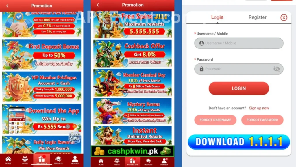5555PAK Game APK promotion center and login section of game