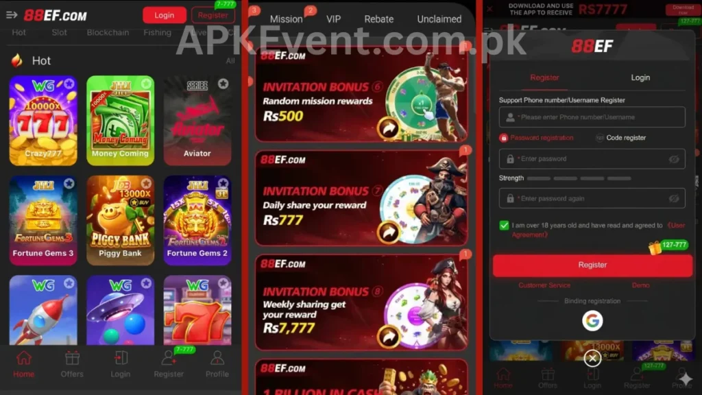 88EF Game APK internal interface, promotion center and registration section of game