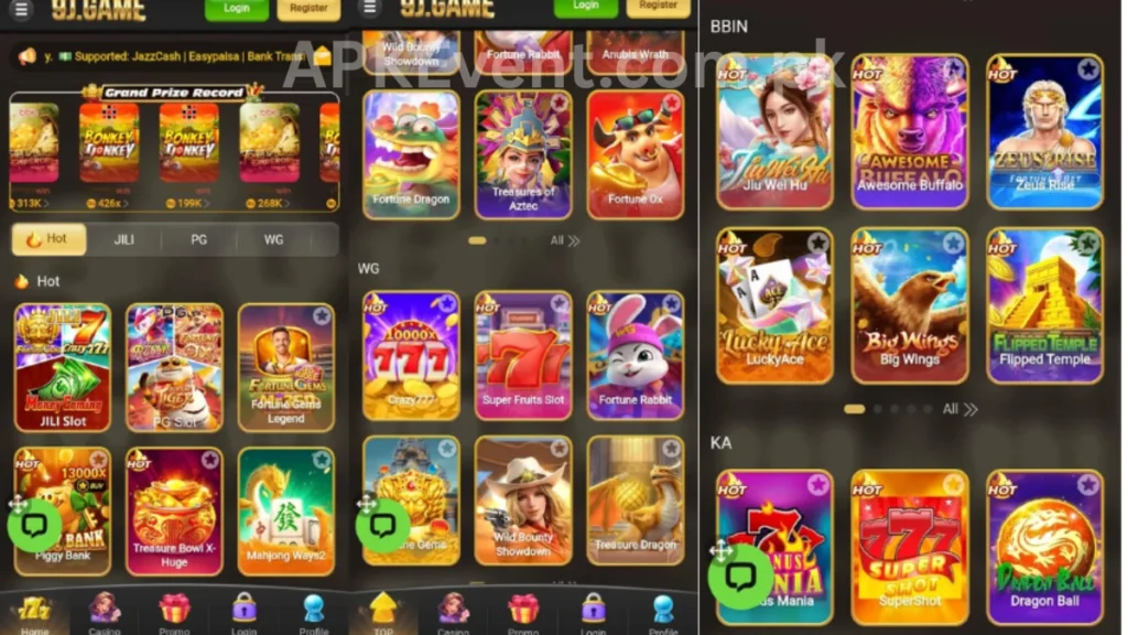 9J Game APK internal interface and jackpot winning games