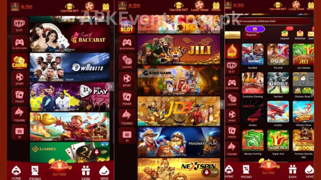 A26 Games APK internal interface and jackpot winning games