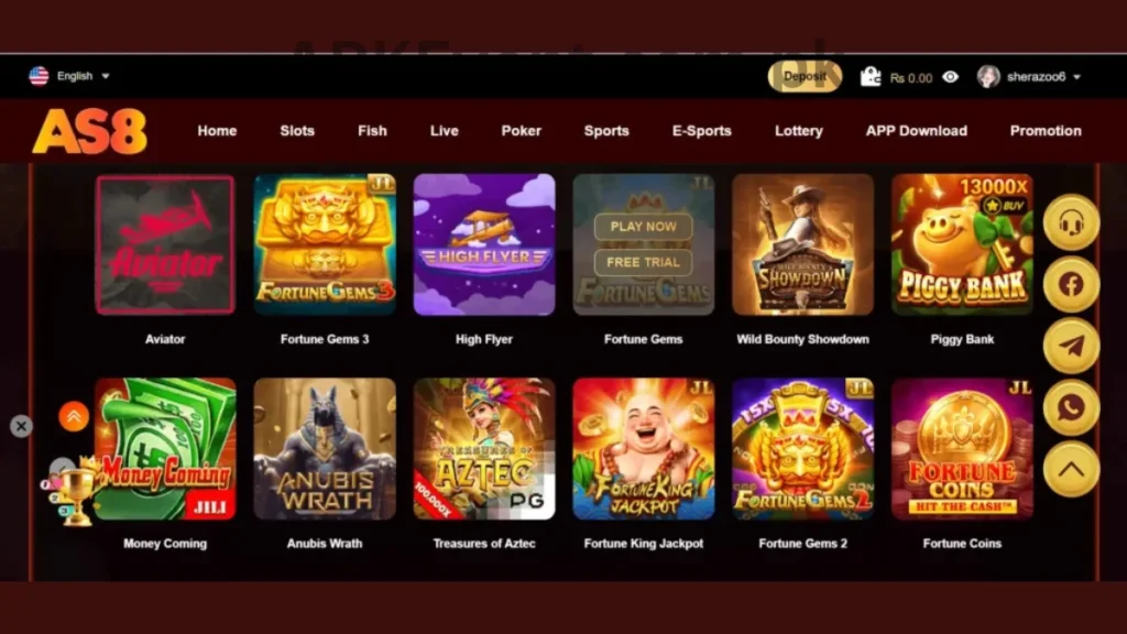 AS8 Game APK internal interface and hot game section of application
