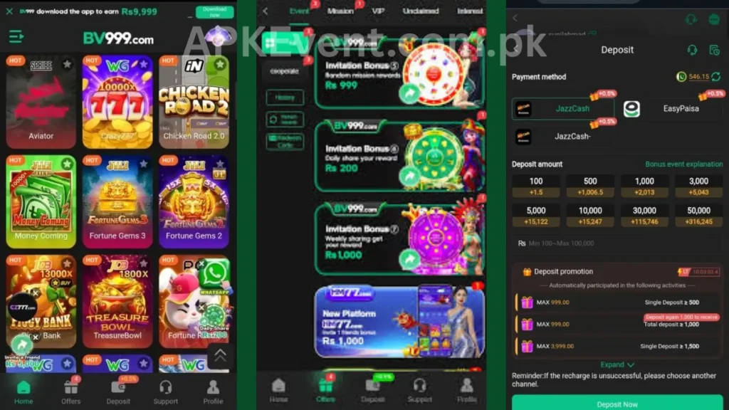 BV999 Game APK internal interface, deposit section and promotion center of game
