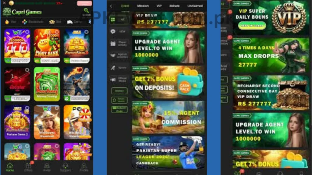 Capri Game APK internal interface and promotion center of game