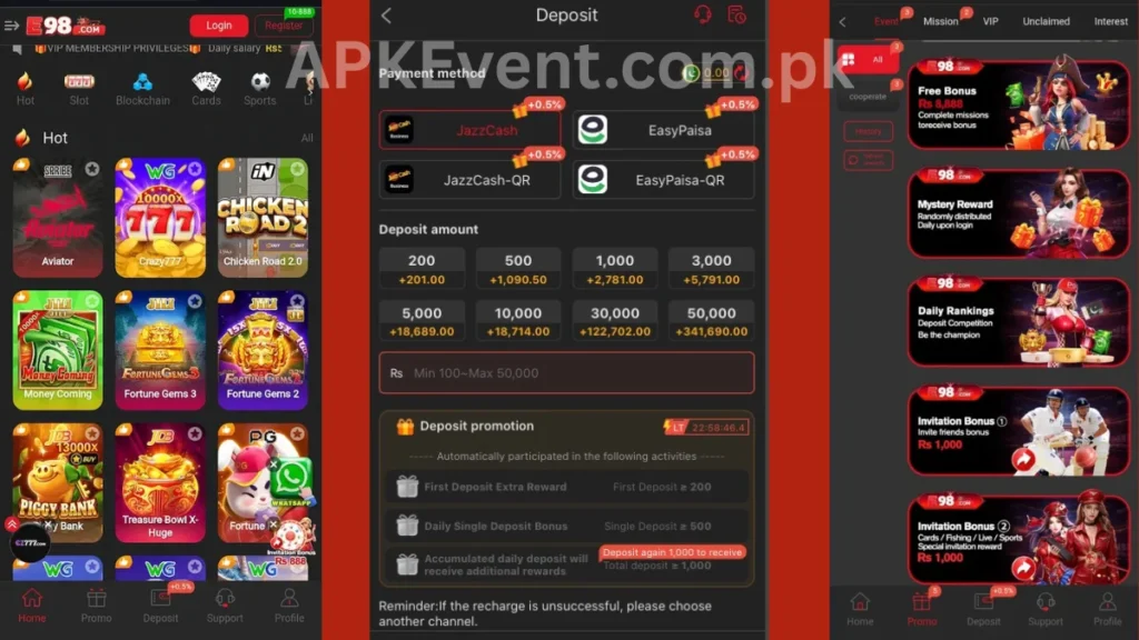 E98 Games APK internal interface, promotion center and deposit section of game