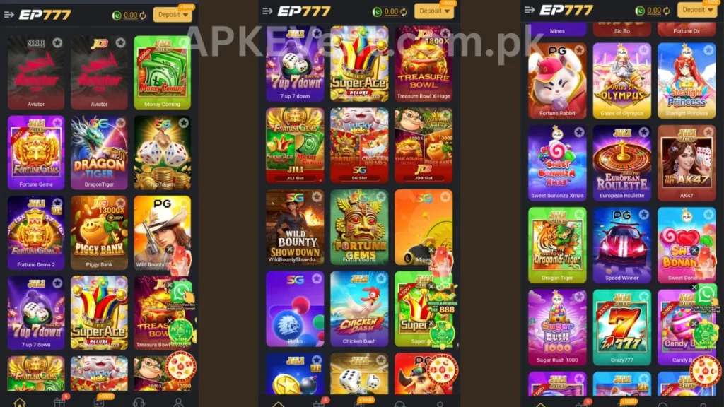 EP777 Game APK internal interface and jackpot winning games of application