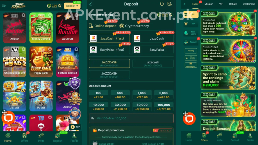 EQ668 Game APK internal interface, deposit section and promotion center of game