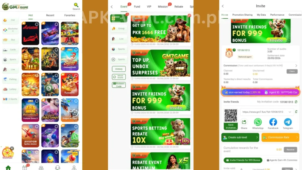 GM7 Game APK internal interface, referral section and promotion center of game