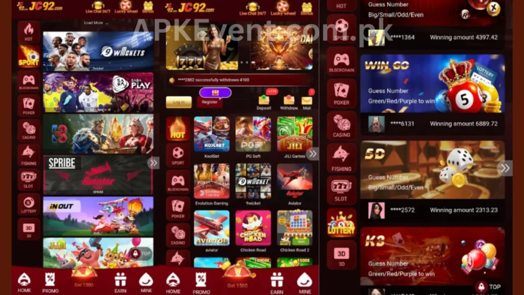 JC92 Game APK internal interface and promotion center of game