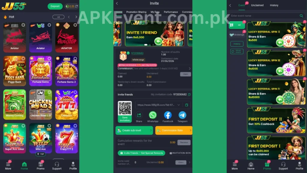JJ55 Game APK internal interface, promotion center and referral section of game