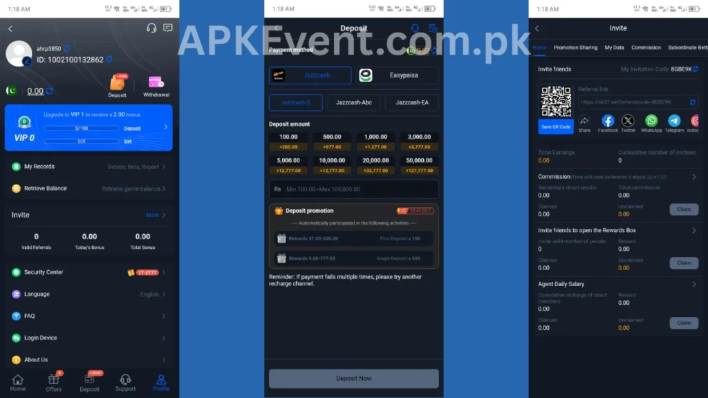 OK37 Game App profile, invitational center and deposit section of game