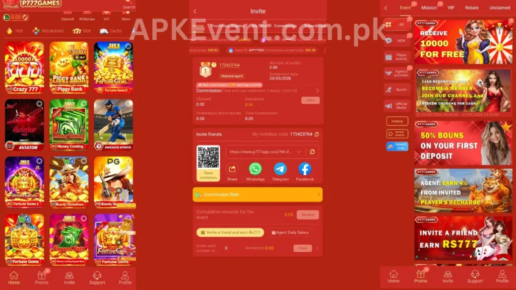 P777 Game APK internal interface, promotion center and referral section of game