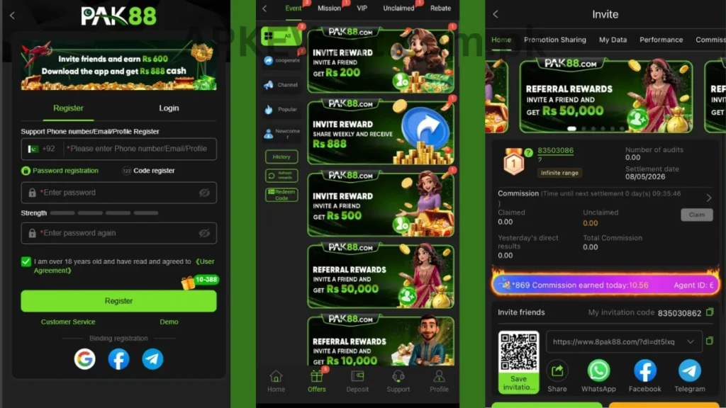PAK88 Game APK signup section, referral section and promotion center of game