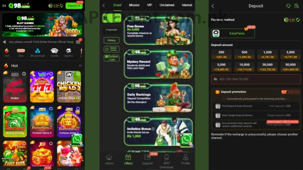 Q98 Game APK internal interface, promotion center and deposit section of game