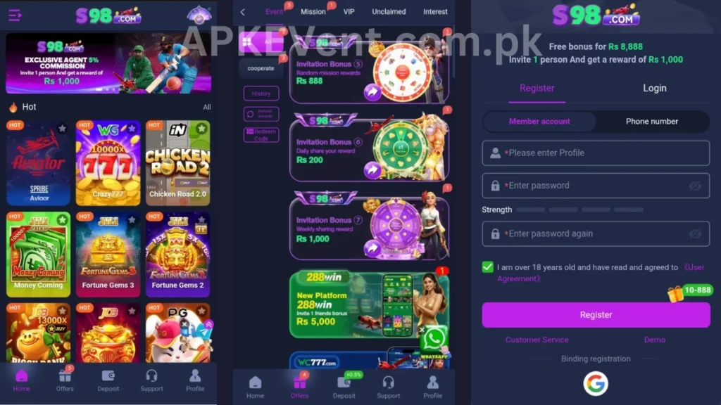 S98 Game APK internal interface, promotion center and registration section of game