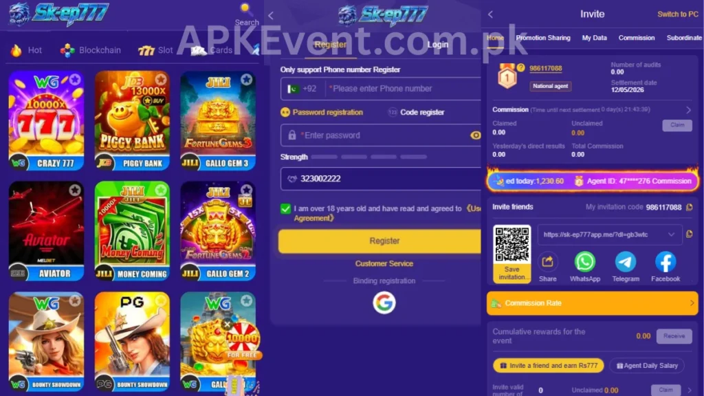 SKEP777 Game APK internal interface and hot game section of application