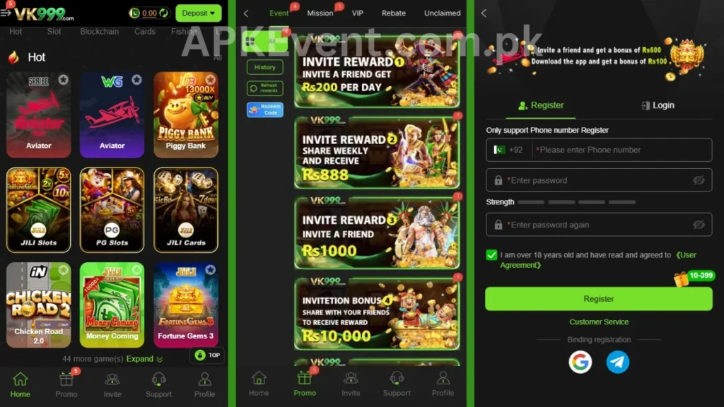 VK999 Games App internal interface, promotion center and registration section of game