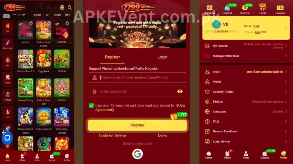 WIN7799 Game APK internal interface, profile section and referral center of game