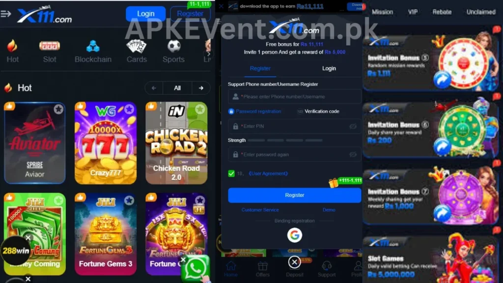 X111 Game APK internal interface, registration section and promotion center of game