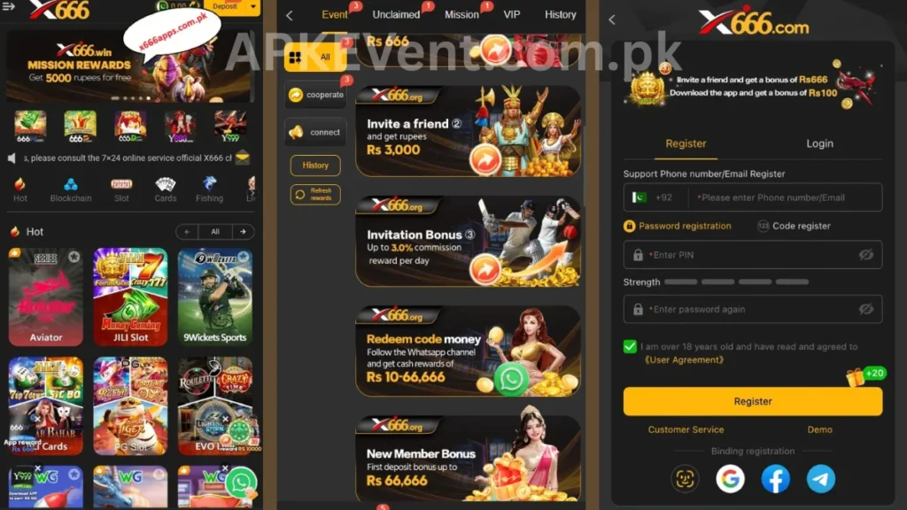X666 Game APK internal interface, promotion center and registration section of game