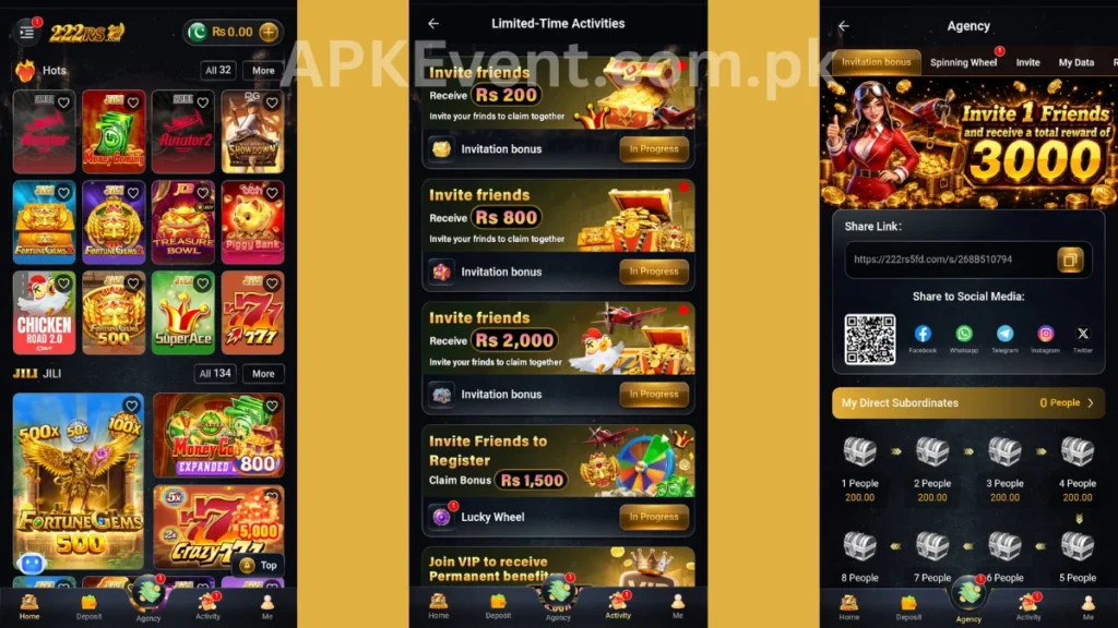 222RS Game APK internal interface, promotion center and referral section of game
