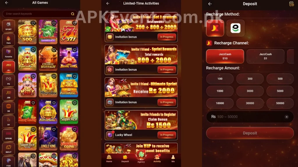 666RS Game APK internal interface, promotion center and deposit section of game
