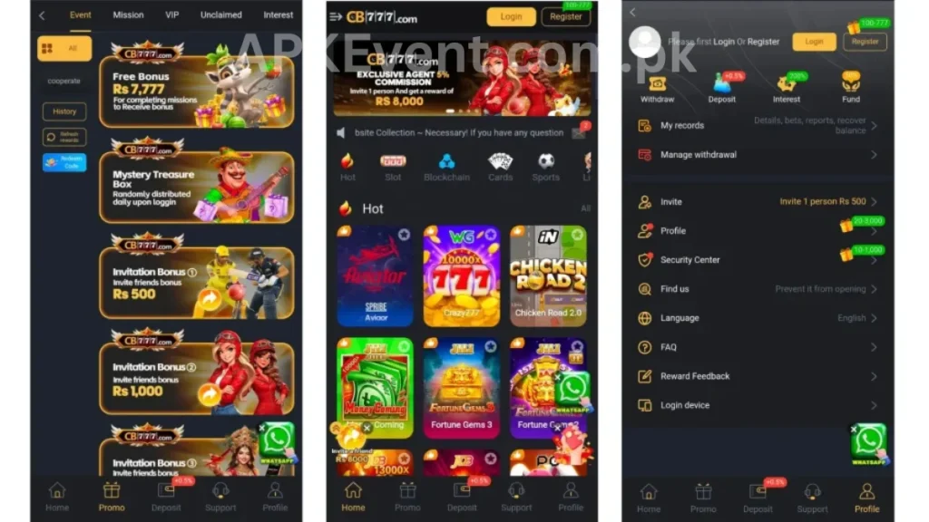 CB777 Game App internal interface, promotion center and referral section of game