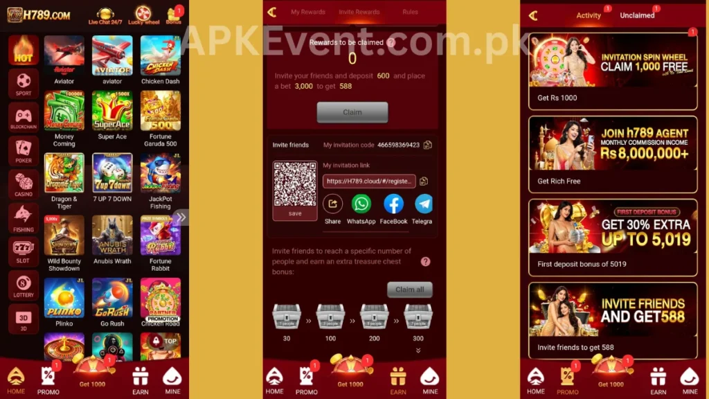 H789 Game APK internal interface, promotion center and referral section of game
