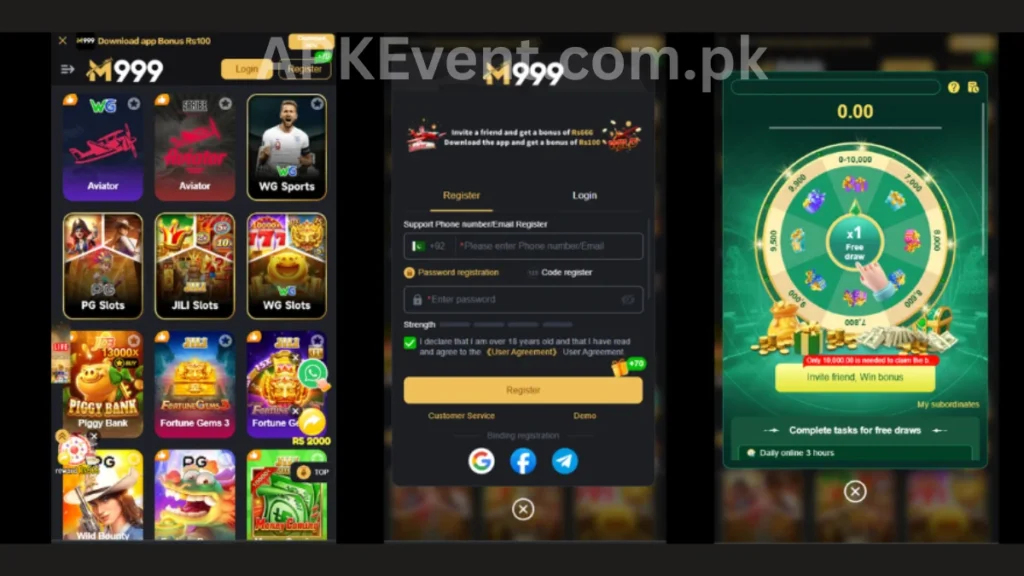 M777 Game App internal interface, registration section and free wheel bonuses of game