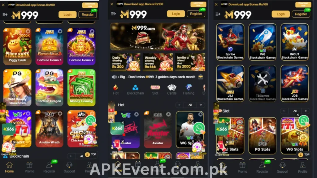 Mobile app screenshots showing slots, blockchain games, and hot games lobby in m999 apk