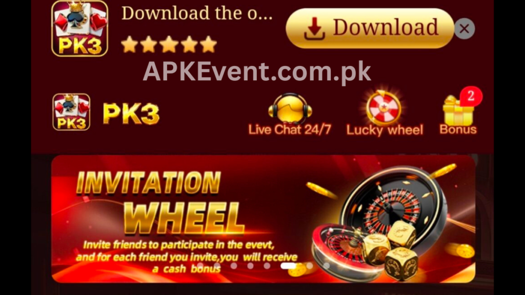App screenshot showing invitation wheel event with live chat and bonus features