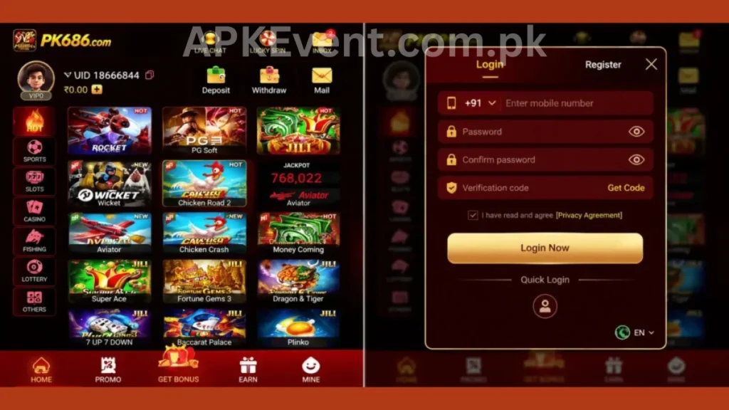 PK686 Game APK internal interface and registration section of game