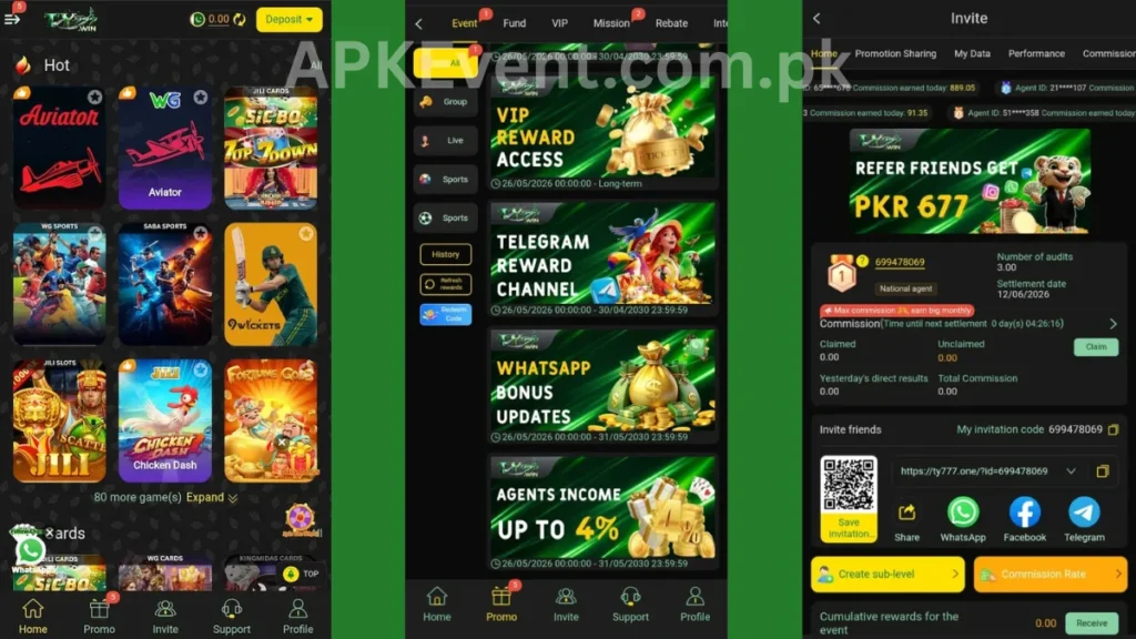 TY777 Game APK internal interface, promotion section and referral section of game