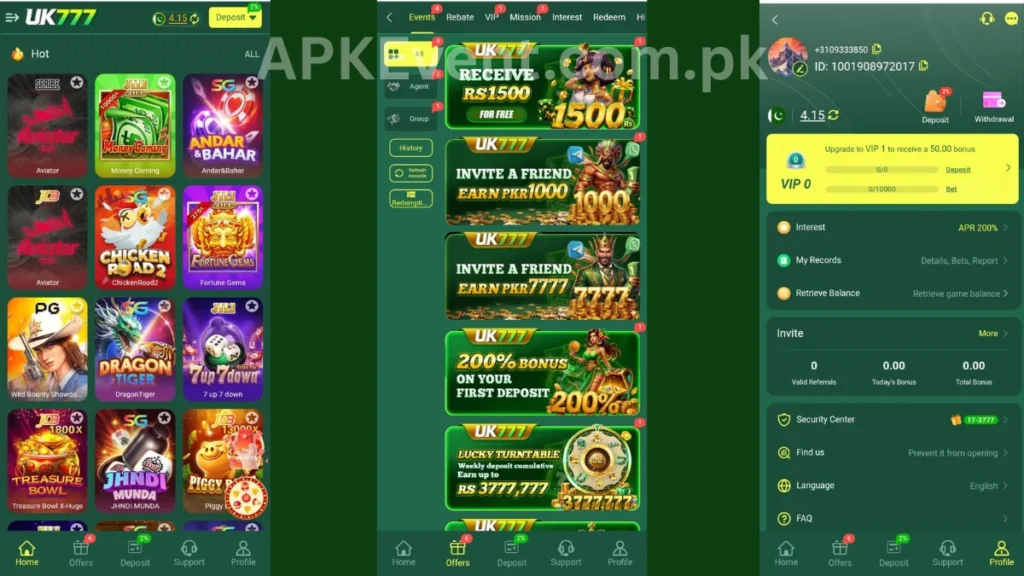 UK777 Game APK internal interface, promotion center and referral section of game