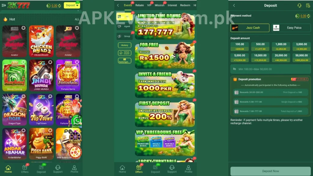 ZK777 Game APK internal interface, promotion center and deposit section of game