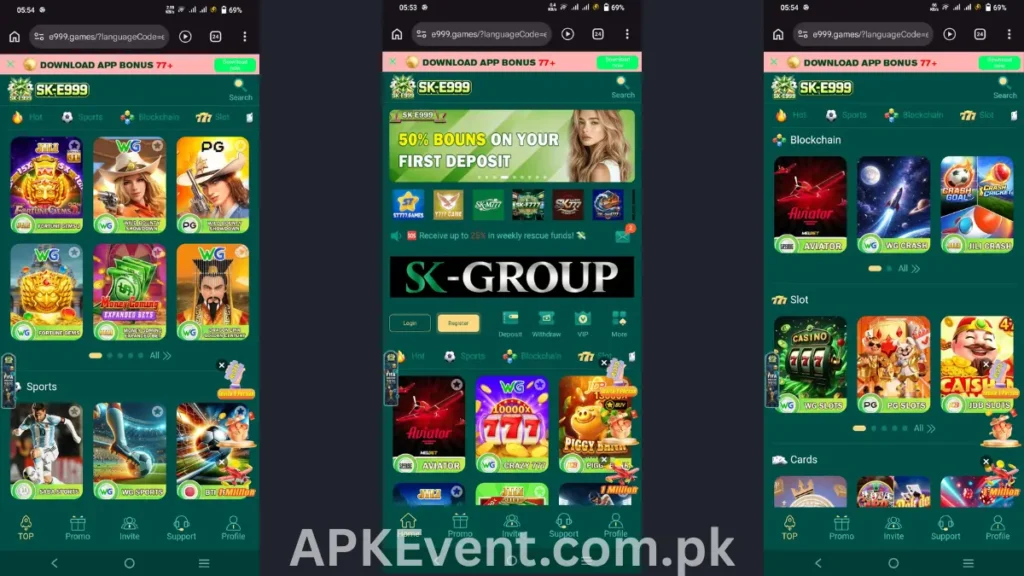 Mobile app screenshots showing slots, blockchain games, and sports lobb